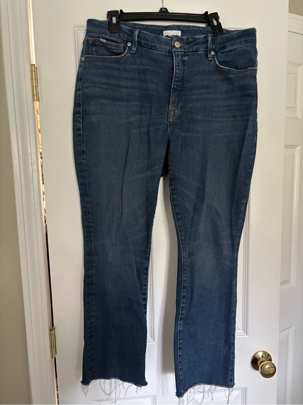 Good American High-Rise Dark Blue Straight Jeans with Raw Hem
